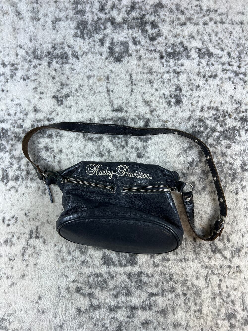 Harley-Davidson Crossbody Shoulder Bag Double Zip Pocket Black Leather USA Made